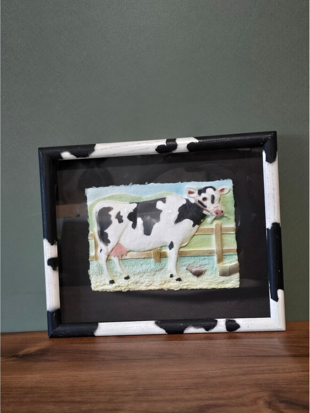Vintage Chigirie Paper Art Framed Cow Print Holstein Farmhouse Decor